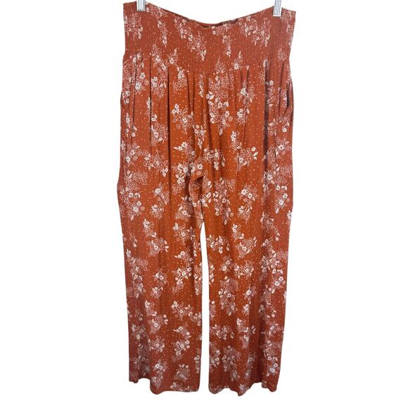 Three Dots Orange White Floral Smocked Straight Leg High Waist Rayon Pants Sz  L - Picture 3 of 9